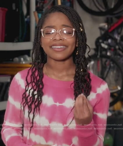 Diane's pink tye dye sweatshirt and floral pants on Black-ish