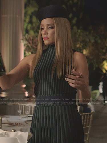 Dominique's black and green striped sleeveless dress on Dynasty