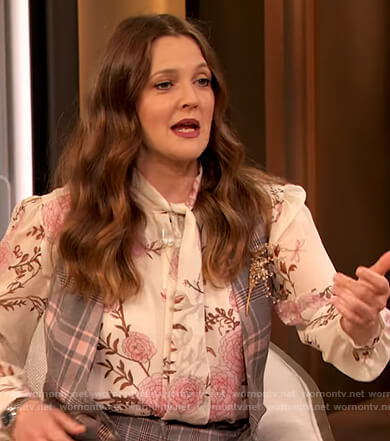 Drew's floral print tie neck blouse on The Drew Barrymore Show