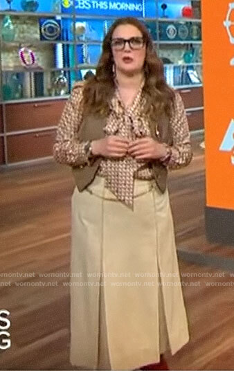 Drew Barrymore's geometric blouse and pleated midi skirt on CBS This Morning