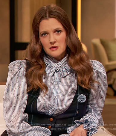 Drew's stripe ruffle blouse on The Drew Barrymore Show