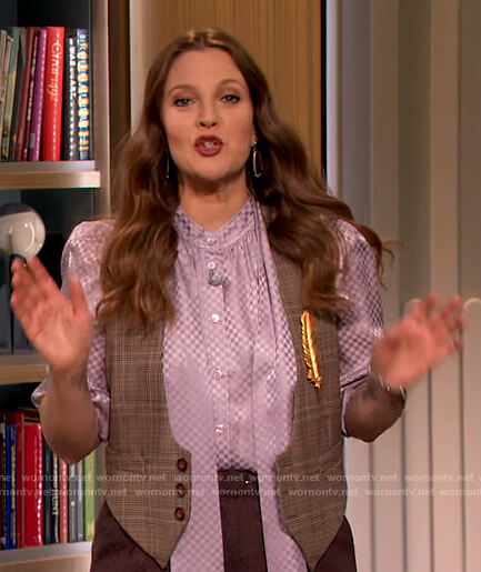 Drew's lavender satin tie neck blouse on The Drew Barrymore Show