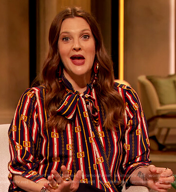 Drew's chain print tie neck blouse on The Drew Barrymore Show