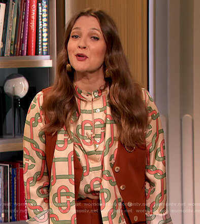 Drew's printed blouse and vest on The Drew Barrymore Show