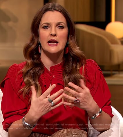 Drew's red ruffle trim blouse on The Drew Barrymore Show