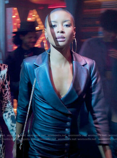 Ella's black leather button front dress on Run the World