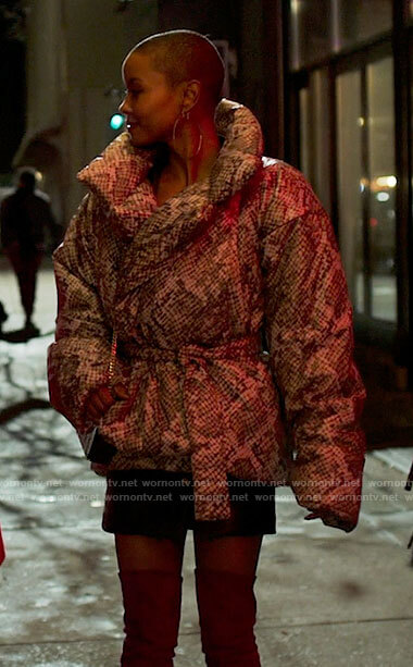 Ella's snake print puffer jacket on Run the World