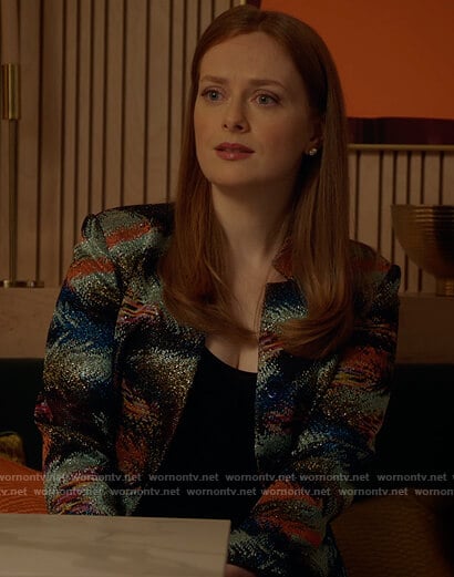 Eva's metallic feather jacket on The Bold Type