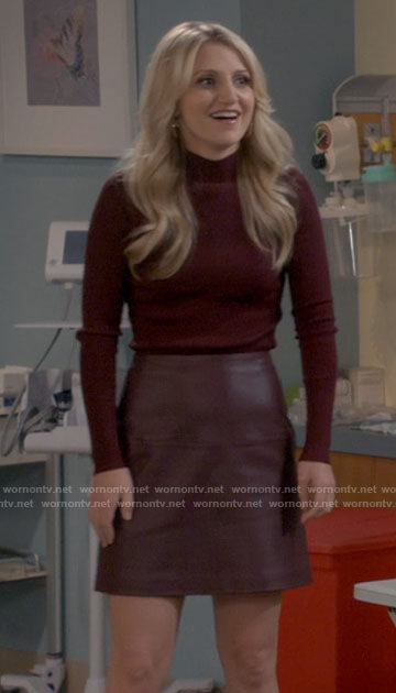 Gina's burgundy ribbed top and leather skirt on B Positive