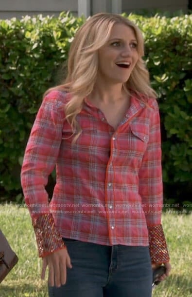 Gina's pink plaid shirt with embellished cuffs on B Positive