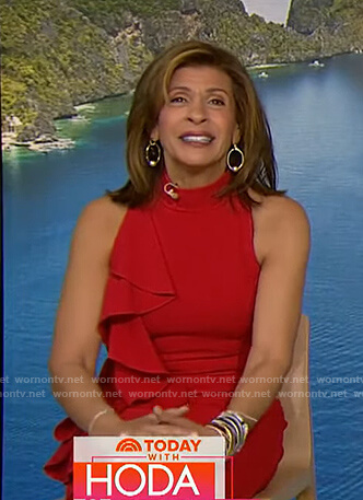 Hoda's red ruffle sleeveless dress on Today