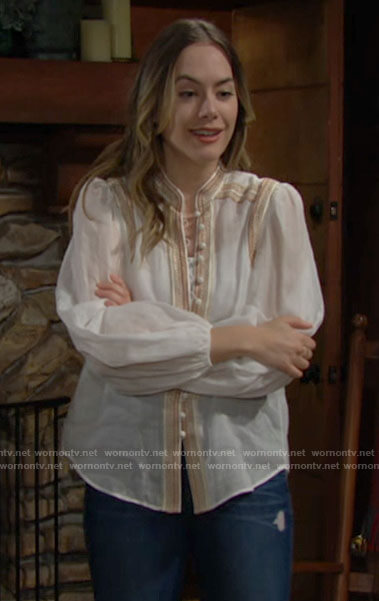 Hope's white embroidered button down blouse on The Bold and the Beautiful