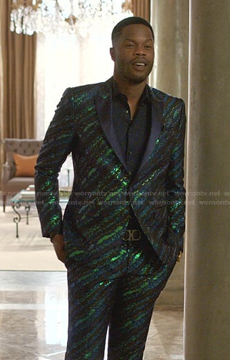 Jeff's metallic feather print suit on Dynasty