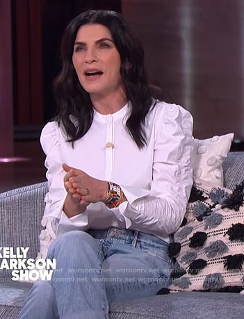 Julianna Margulies's white ruched sleeve blouse on The Kelly Clarkson Show