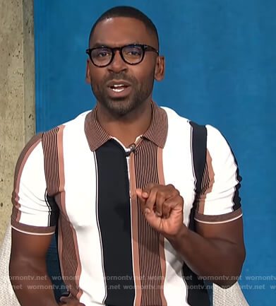 Justin's brown, black and white striped polo shirt on E! News Daily Pop