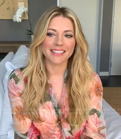 Katheryn Winnick's floral tie neck blouse on Live with Kelly and Ryan