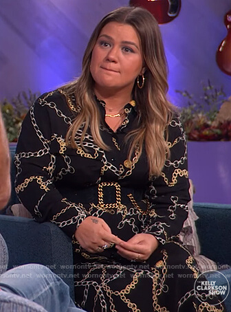 Kelly's black chain print shirtdress on The Kelly Clarkson Show
