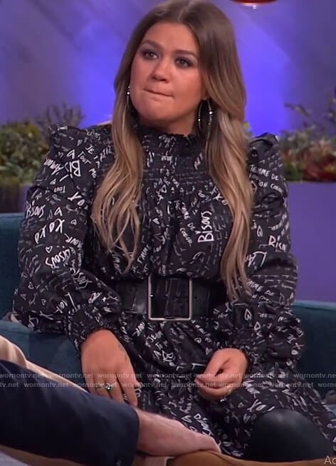 Kelly's black letter printed dress on The Kelly Clarkson Show
