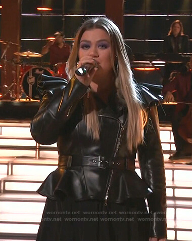 Kelly's black ruffle shoulder leather jacket on The Voice
