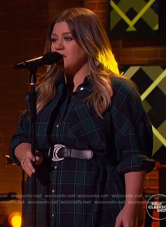 Kelly's blue plaid shirtdress on The Kelly Clarkson Show