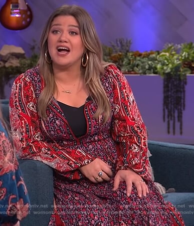 Kelly's red printed midi dress on The Kelly Clarkson Show