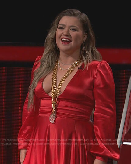 Kelly's red plunge neck dress on The Voice