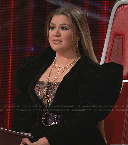 Kelly's sequin dress and black velvet jacket on The Voice