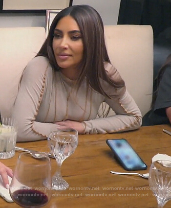 Kim's beige ruffle trim dress on Keeping Up with the Kardashians