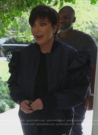 Kris's navy ruffle shoulder bomber jacket on Keeping Up with the Kardashians