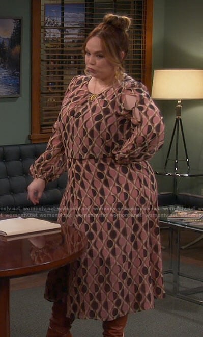 Kristin's pink geometric print midi dress on Last Man Standing