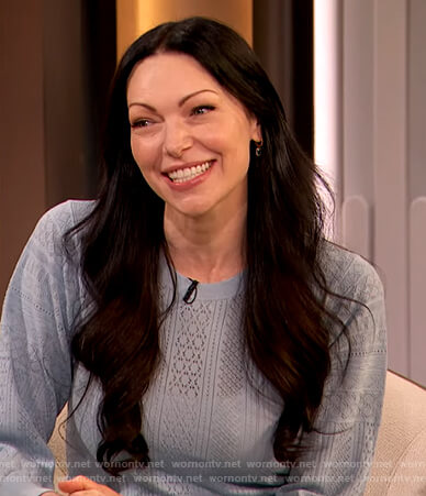 Laura Prepon's blue pointelle sweater on The Drew Barrymore Show
