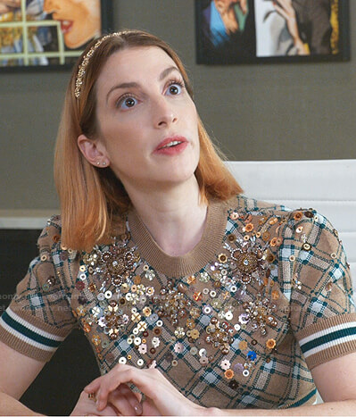 Lauren's beige checked embellished sweater on Younger