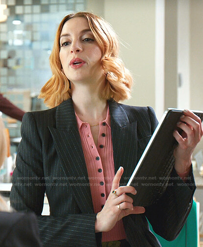 Lauren's pink ribbed top and pinstripe blazer on Younger