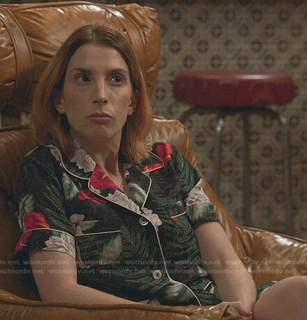 Lauren's black tropical print pajamas on Younger