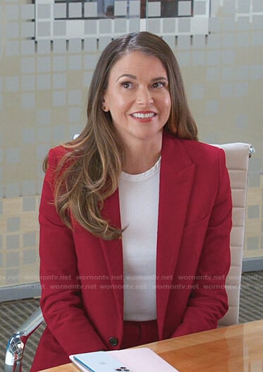 Liza's red corduroy blazer and pants on Younger