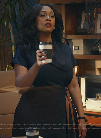 Lola's navy belted dress on All Rise