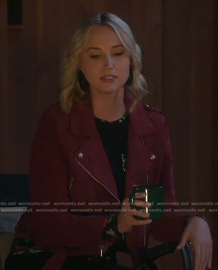 Mandy's butterfly print top and red suede jacket on Last Man Standing