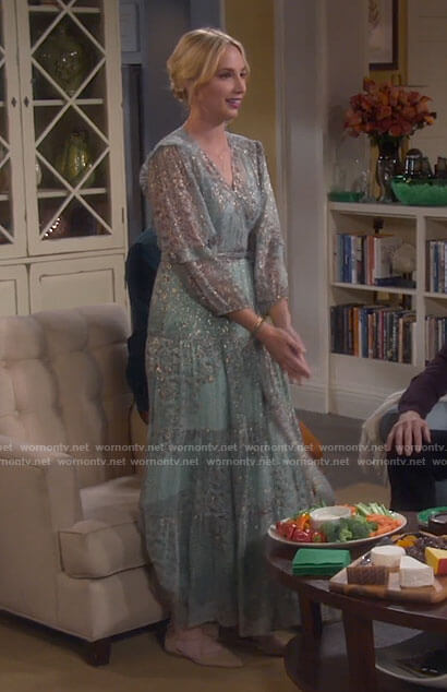 Mandy's mint green metallic wrap dress on Last Man Standing