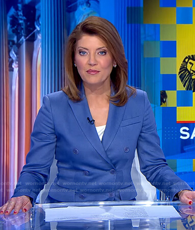 Norah's blue double breasted blazer on CBS Evening News
