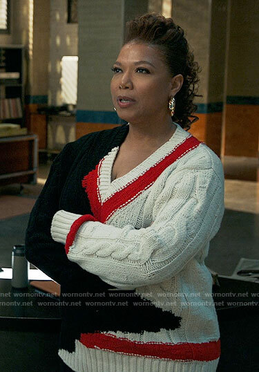 Robyn's red black and white abstract sweater on The Equalizer