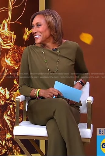 Robin's green draped top and pants on Good Morning America