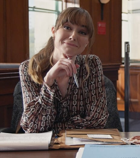 Sam's brown chain print tie neck dress on All Rise