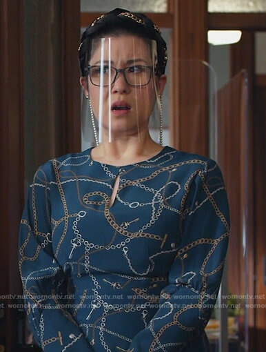 Sherri's teal chain print dress on All Rise