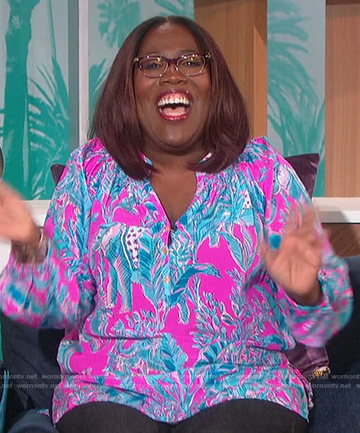 Sheryl's pink floral print blouse on The Talk