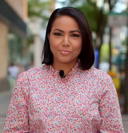 Stephanie's pink floral mock neck blouse on Good Morning America