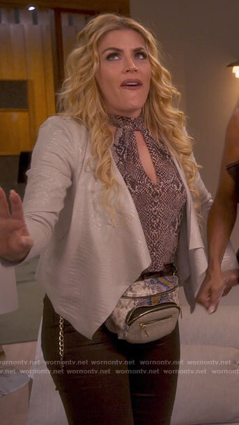 Summer's snake print keyhole top and draped leather jacket on Girls5eva