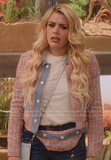 Summer's red tweed jacket with blue trim on Girls5eva