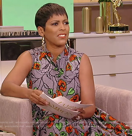 Tamron's gray floral print sleeveless dress on Tamron Hall Show