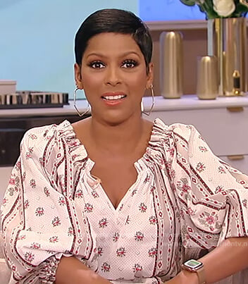 Tamron's white floral print midi dress on Tamron Hall Show