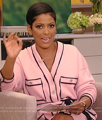 Tamron's pink contrast trim dress on Tamron Hall Show